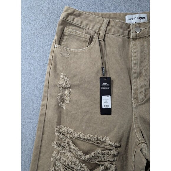 Fashion Nova Jeans Womens 13 Taupe Distressed Ripped Wide Leg Cotton Style TTCB3 - Picture 2 of 16